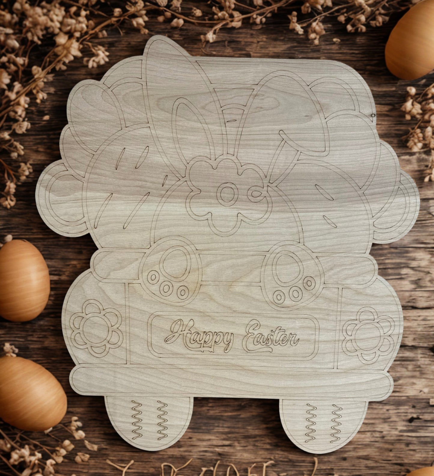 ⸻

Easter Vintage Truck Laser Blank – Bunny & Eggs Door Hanger | DIY Craft Sign