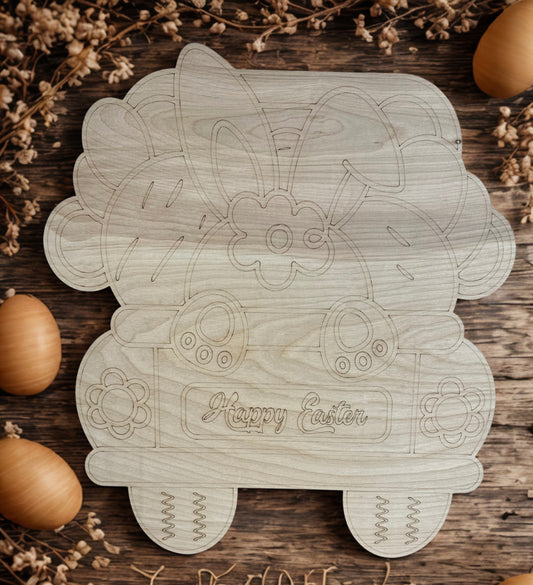 ⸻

Easter Vintage Truck Laser Blank – Bunny & Eggs Door Hanger | DIY Craft Sign