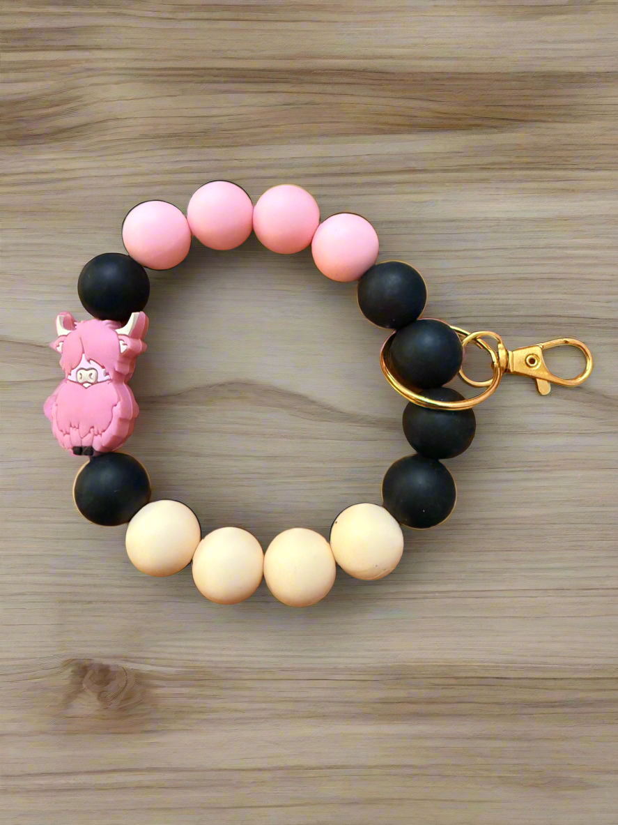Silicone Wristlet Keychain – Pink Highland Cow